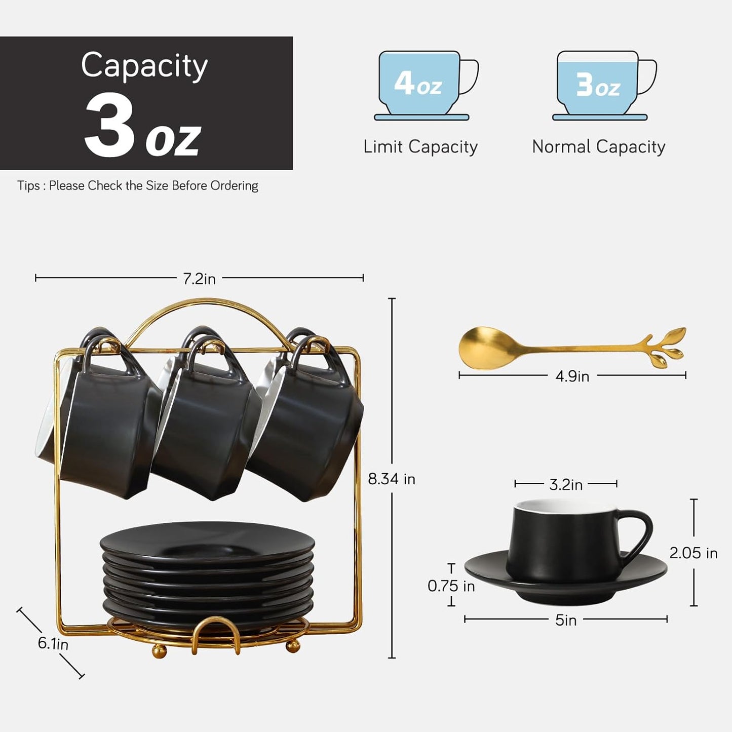 Lareina 3-Ounce Porcelain Espresso Cups Set of 6, Stackable Coffee Cups with Saucers, Spoons and Metal Stand, Ceramic Demitasse Mugs, Espresso Accessories for Machine, Black