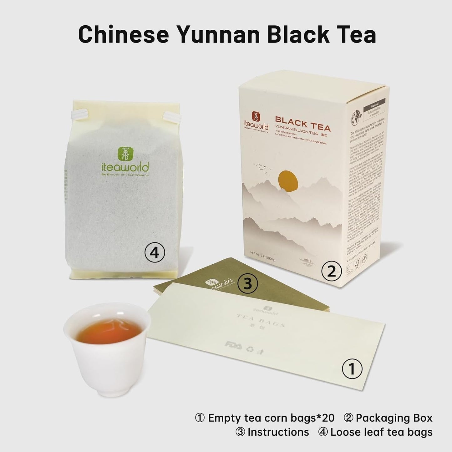 iTeaworld Yunnan Black Tea Loose Leaf, Non-GMO, No Sweetener, Authentic Chinese Tea, Honey & Sweet Potato Aroma, Strong tea,20 Corn Tea Bags for Black Tea Beginners - 1 Pack (3.5 oz)