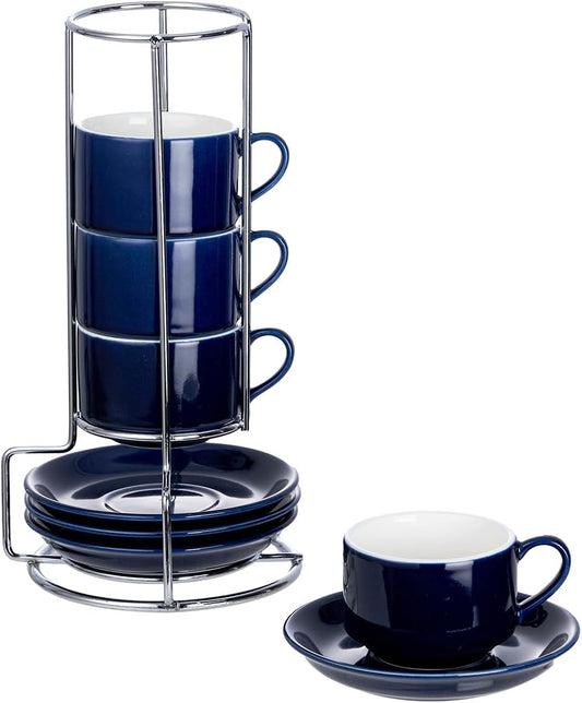 2.5 Ounce Porcelain Espresso Cups with Saucers and Silver Stand, Navy Stackable Cups Set of 4