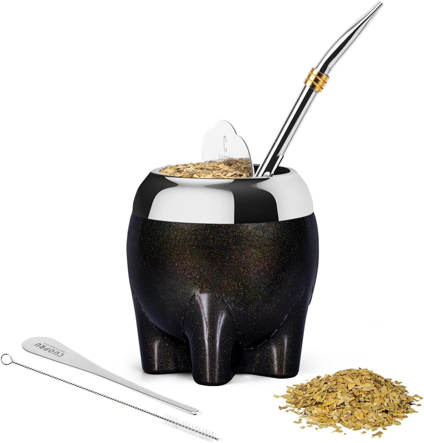Premium Yerba Mate Cup 5 in 1 Set, Including Stainless Steel Gourd (Glitter Stars, Cute Elephant Style) Bombilla Straw, and Tea Shaper Set, 5.4oz, Gift for Women Drinking Coffee Tea Water