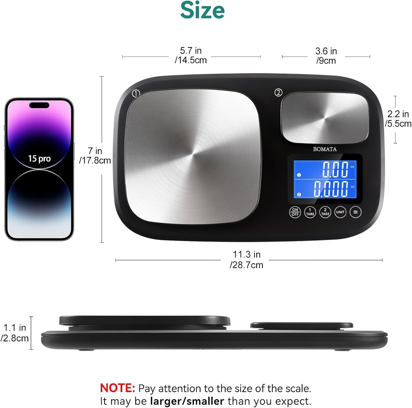 BOMATA 0.01g/500g & 1g/15kg Dual Platform Kitchen Scale with Two Precisions, Accumulation Function, Gram and Ounce, Digital Scale for Food, Baking, Yeast, Jewelry B614