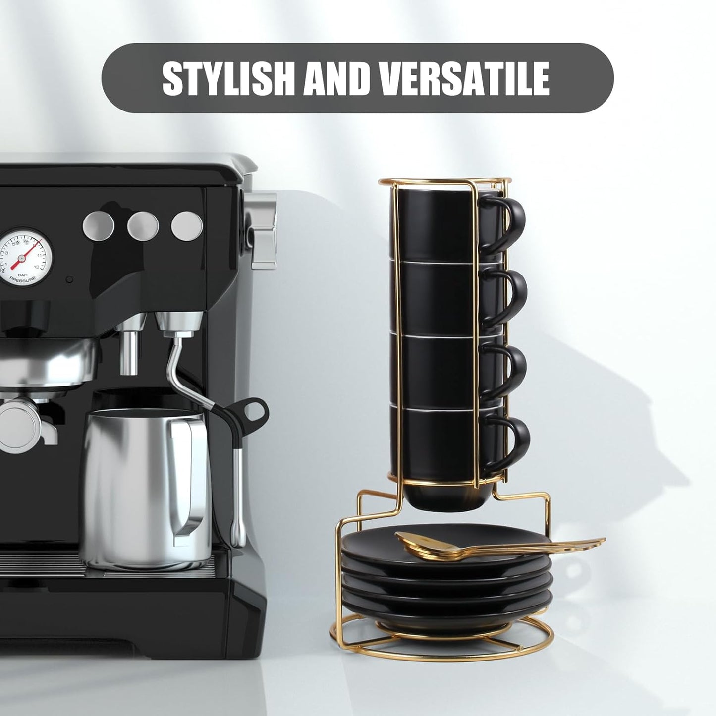 Lareina 3-Ounce Espresso Cups Set of 4, Small Stackable Coffee Cups with Saucers, Spoons and Metal Stand, Ceramic Demitasse Mugs, Espresso Accessories for Machine, Black