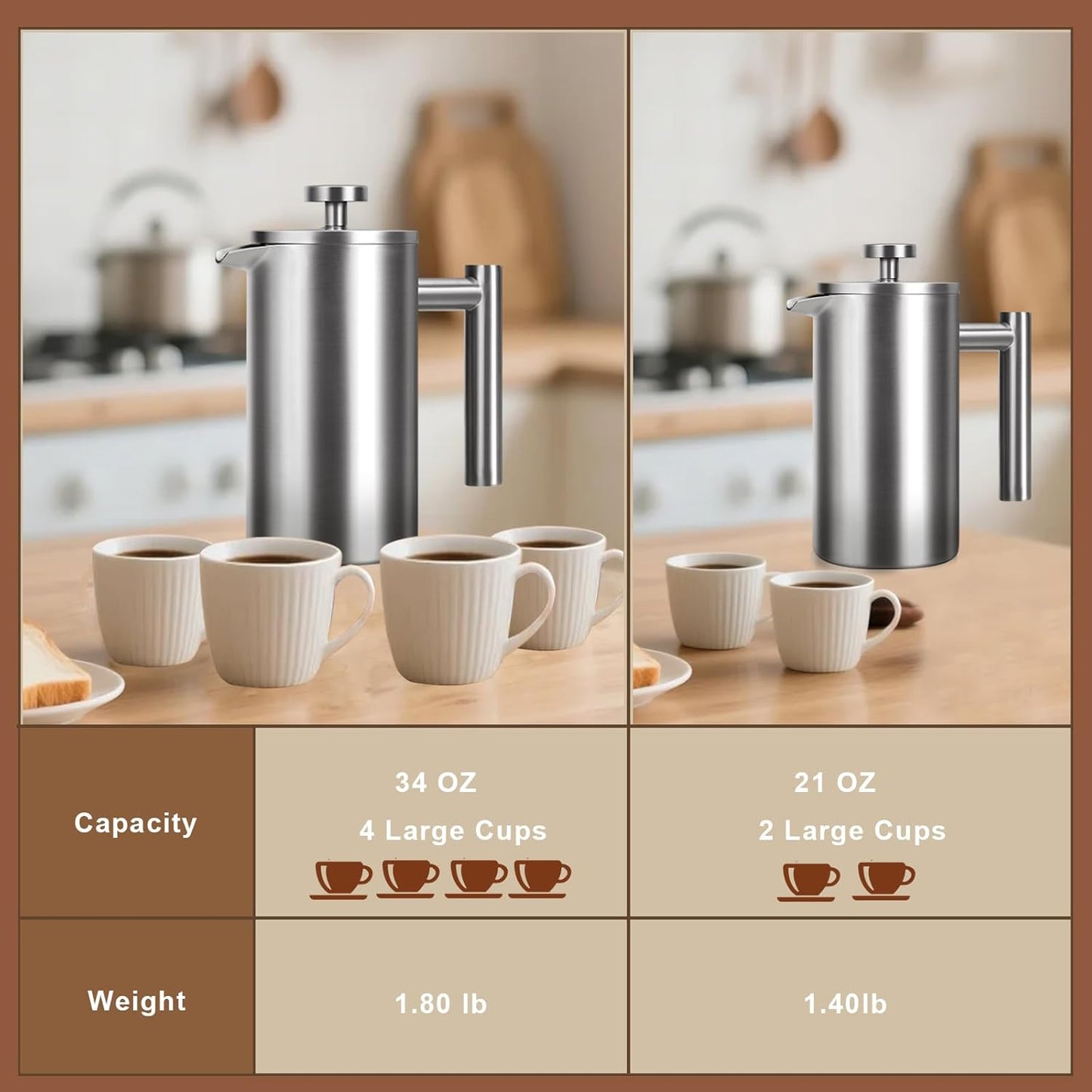 French Press 34 oz, Full Stainless Steel French Press Coffee Maker 4 Cups, Upgrated Double-Walled Insulated French Coffee Presses, Food Grade Good for Kitchen Camping, Dishwasher Safe 2 More Filters