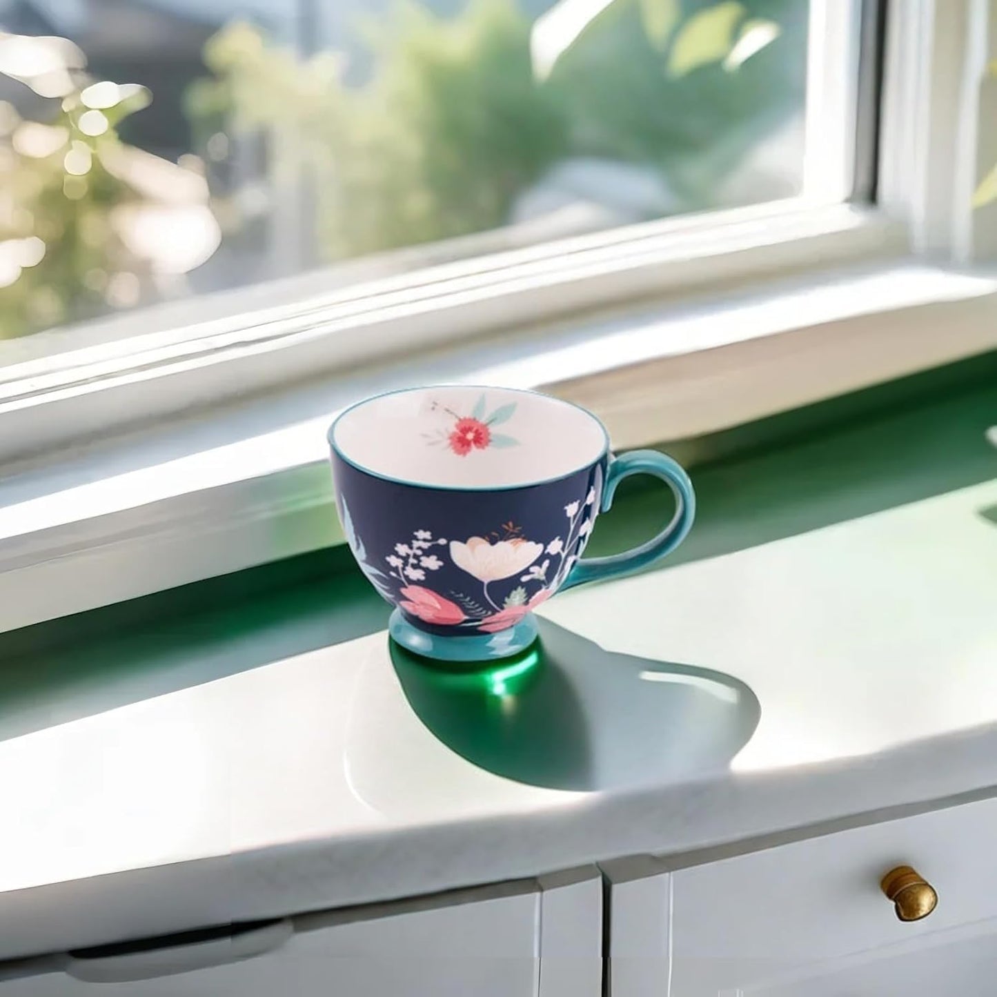 Vintage Flower Mugs β Large Ceramic Coffee Mug (15oz) β Cute Cereal Cup for Breakfast, Oatmeal Tea & Hot Drinks β Handmade Ceramic Cup with Floral Design
