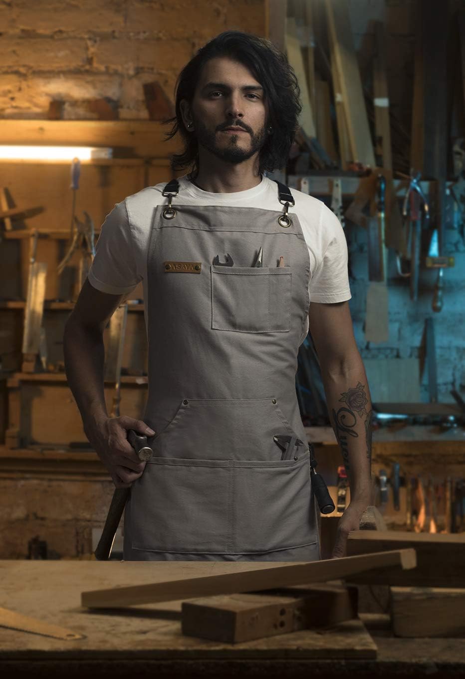 Asaya Chef and BBQ Apron with Bottle Opener and Hand Towel - 10oz Cotton Canvas, Stainless Steel Hardware - Cross Back Straps