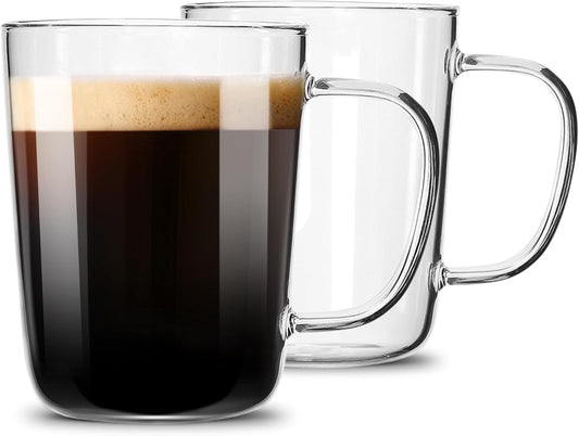 LUXU Glass Coffee Mugs(Set of 2)-17 oz,Clear Beer Mugs,Glass Tea Cups with Comfortable Handle,Lead-free Drinking Glasses,Perfect for Latte,Espresso,Juice,Water,Milk or Hot and Cold Beverage