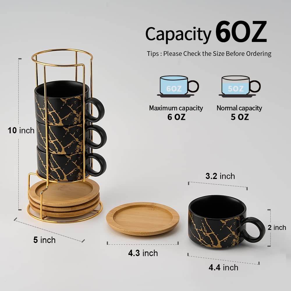 LUKA Porcelain Espresso Cup with Metal Stand, 6 Ounce Stackable Ceramic Demitasse Espresso Mugs Cappuccino Cups Set for Latte,Coffee,Cafe Mocha,Tea(Set of 4,Black)