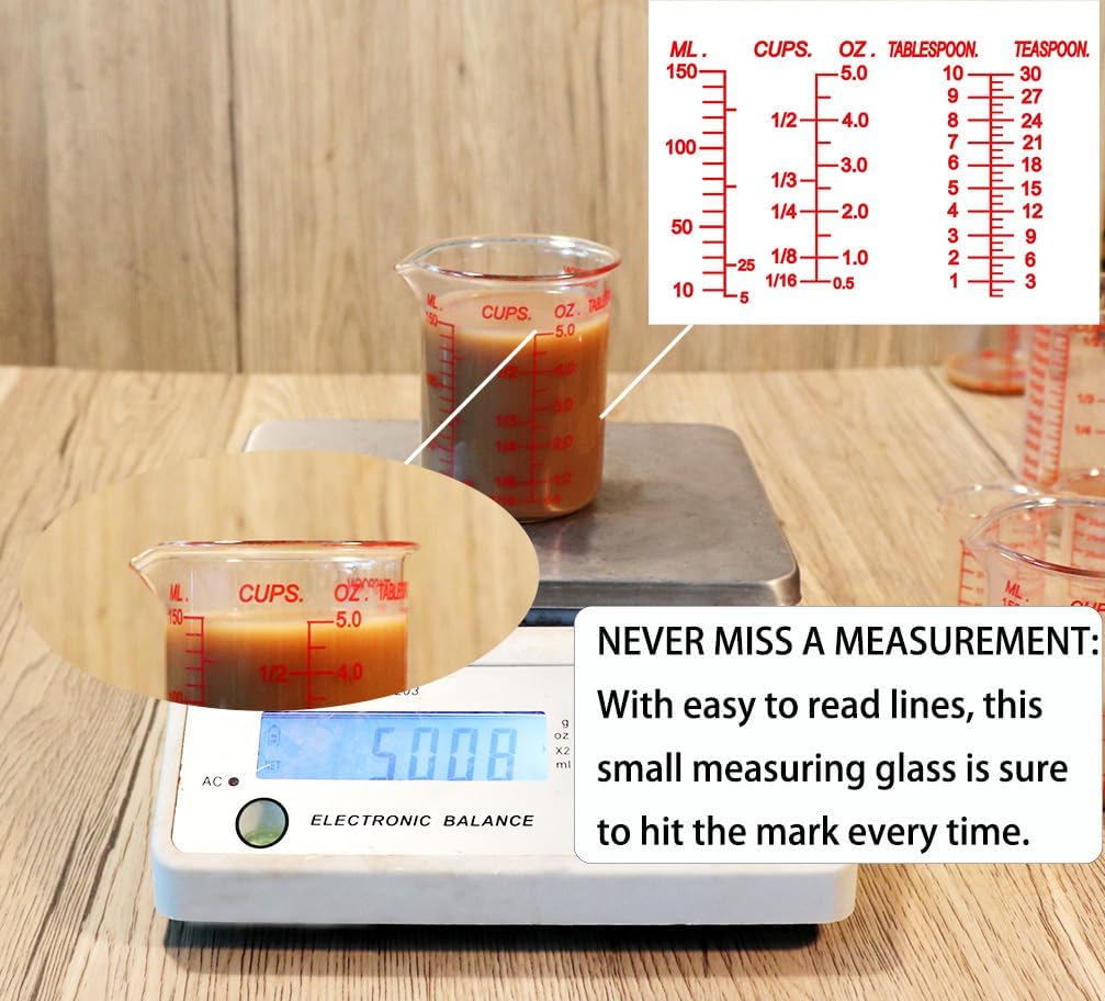 High Borosilicate Glass Measuring Cup-V-Shaped Spout,Glass Measuring Beaker for Kitchen or Restaurant, Easy to Read, 150 ML (5 Oz)-Pack of 2
