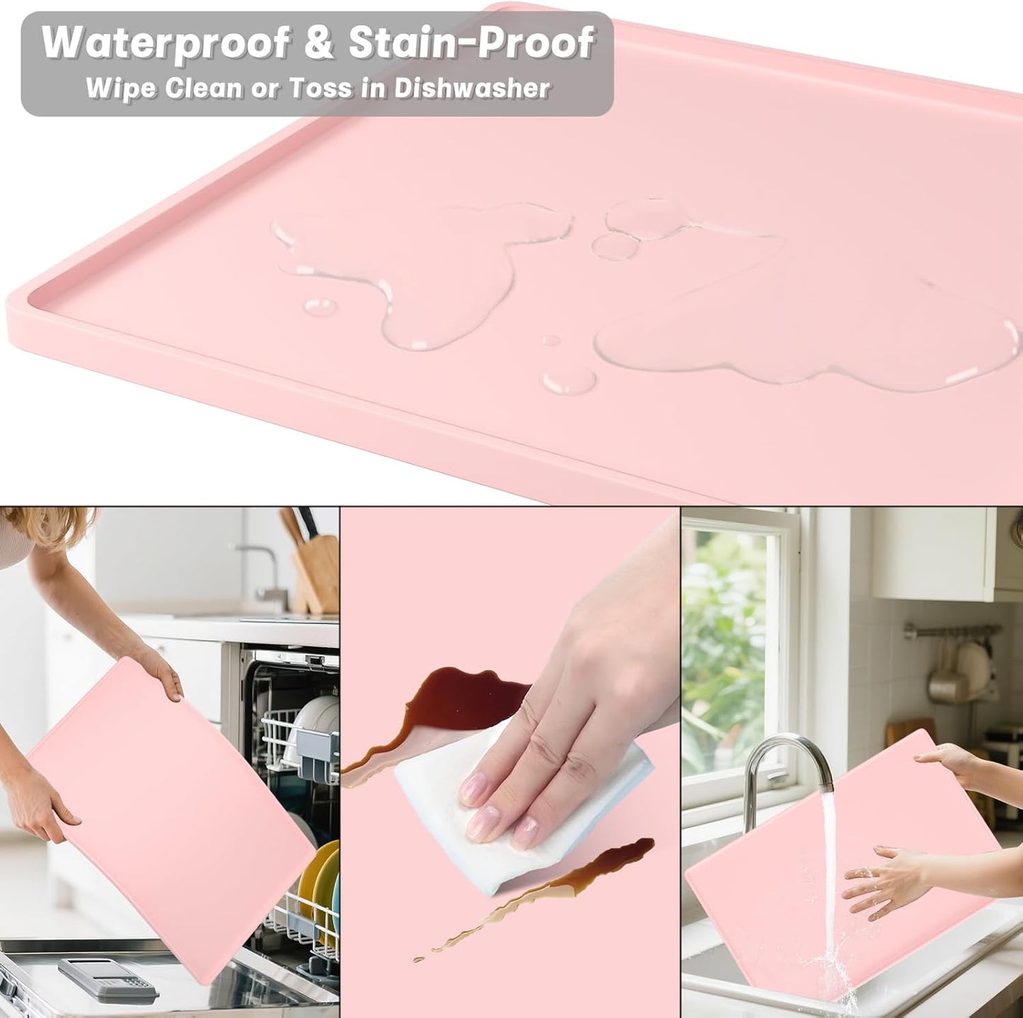 Rnivvi Silicone Coffee Mat, 16" x 24" Waterproof Raised Edge Coffee Bar Mats for Espresso Machine Station Accessories, Heat Resistant Detachable Dish Drying Pad for Kitchen Counter, Dish Rack, Pink