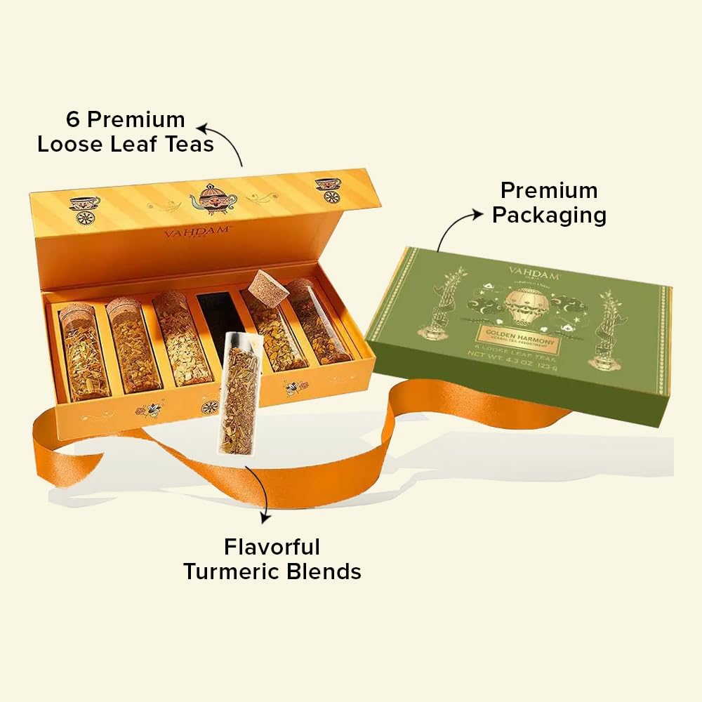 VAHDAM, Limited Edition - Turmeric Herbal Wellness Tea Gift Set - 6 Oprah's Favourite Turmeric Herbal Blends in Gift Box | Gluten Free, Non GMO | Gifts for Him/Her | Tea Gifts for Men & Women