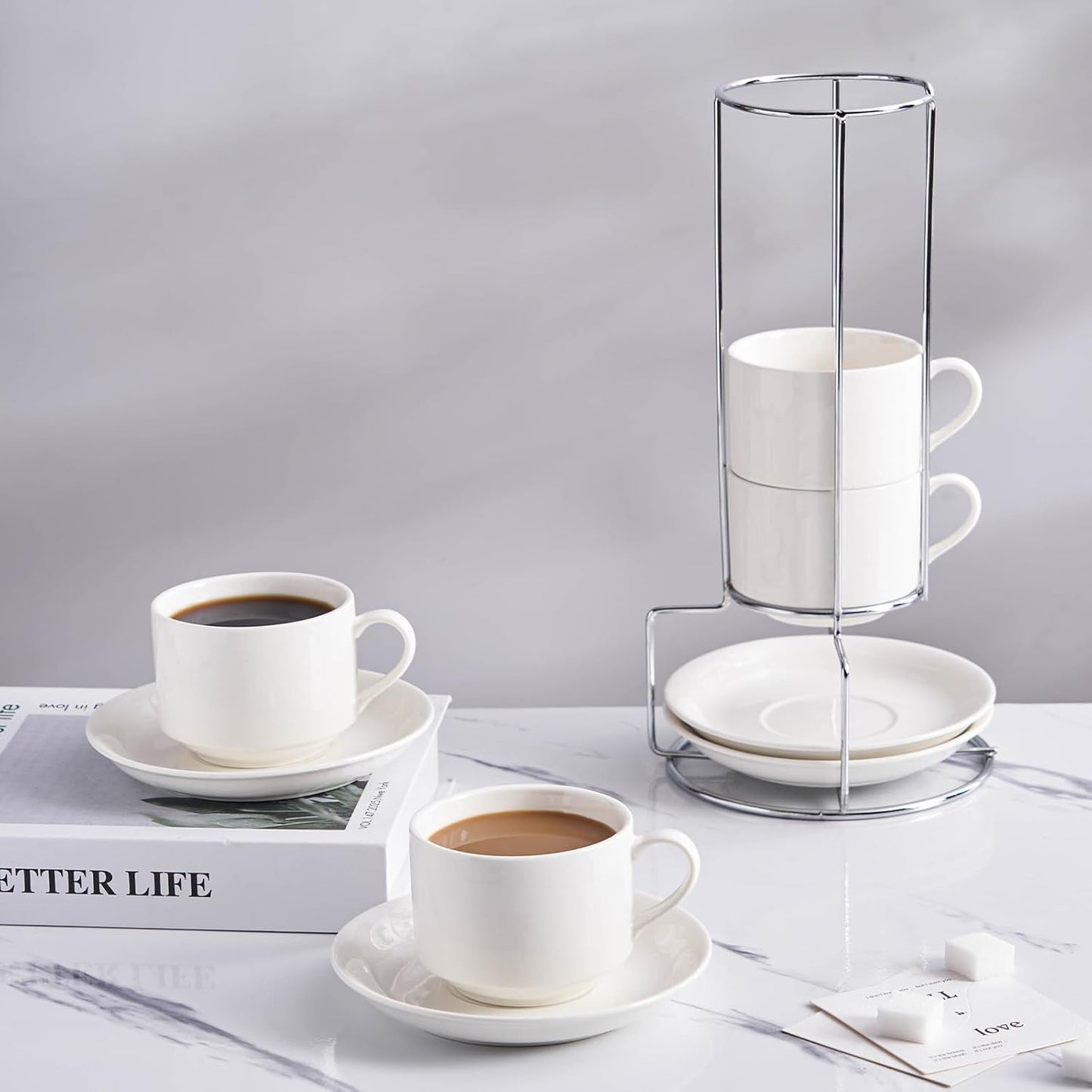 8 Ounce Porcelain Cappuccino Cups with Saucers and Silver Stand, White Cups Set of 4