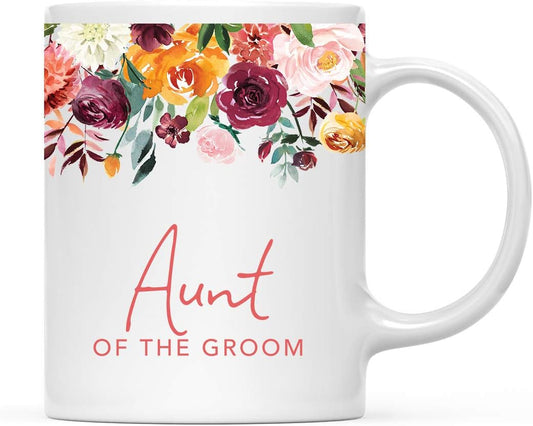 Andaz Press 11oz. Wedding Ceramic Coffee Tea Mug Gift, Fall Autumn Burgundy Orange Peach Flowers Roses Florals, Aunt of the Groom, 1-Pack, Includes Gift Box