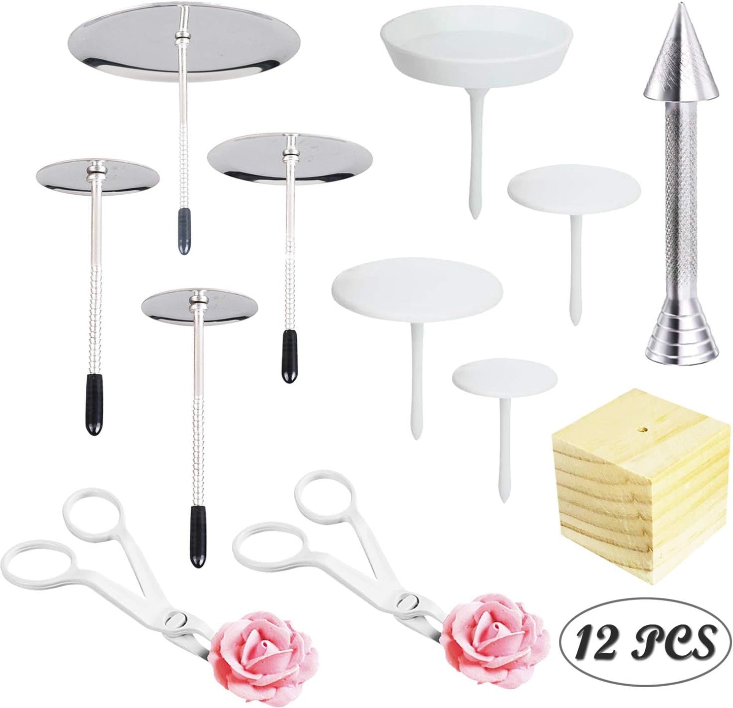 12 PCS Cake Decorating Supplies, Woohome 8 PCS 2 Style Cake Flower Nail, 2 PCS Flower Lifters and 1 PCS Wood Flower Nails Holder, 1 PCS Cake Icing Dispensers for Icing Flowers Decoration