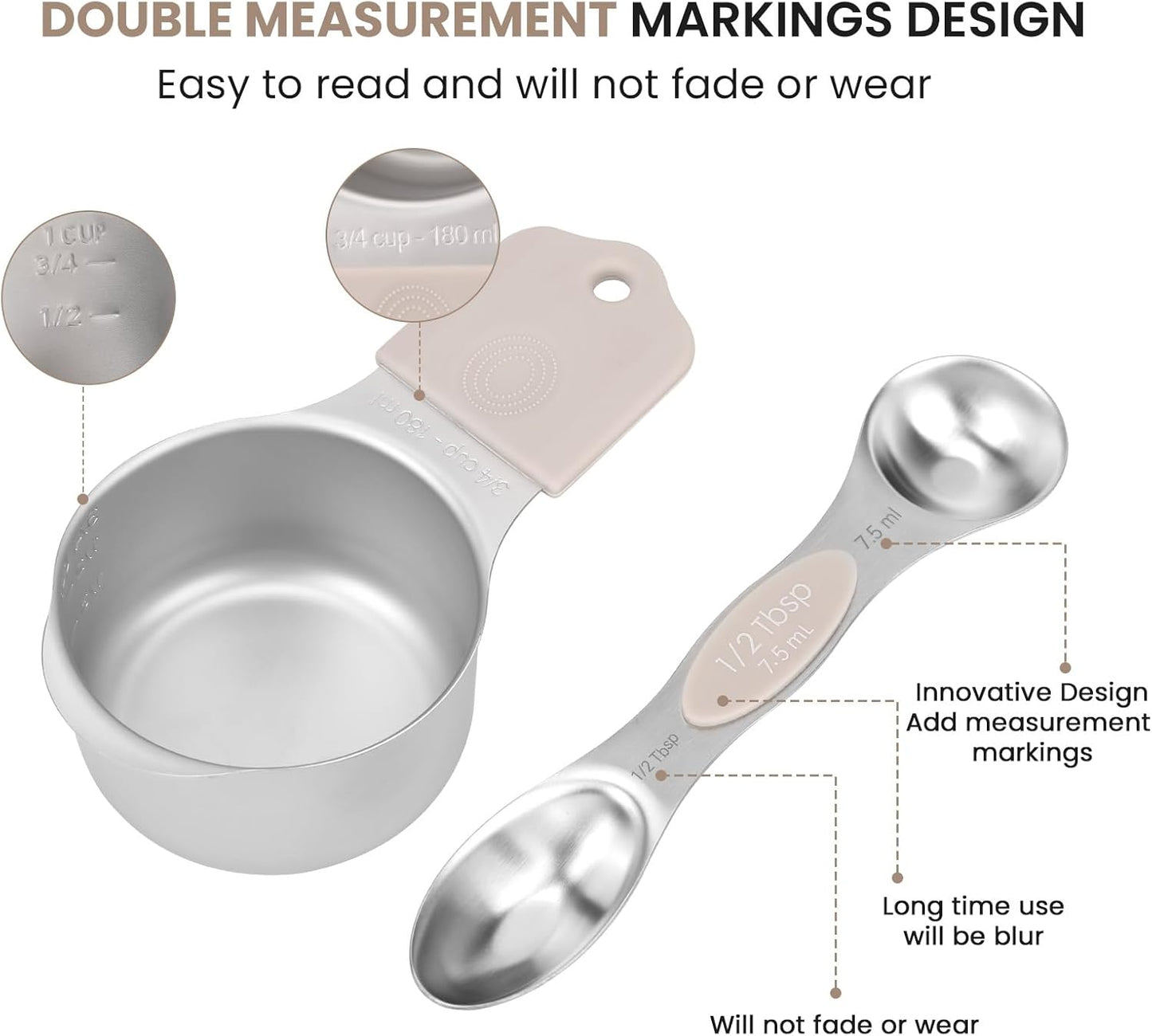 Magnetic Measuring Cups and Spoons Set-Heavy Duty 304 Stainless Steel,Double Measurement Markings,Set of 16 with Leveler for Measure Dry and Liquid Ingredients (khaki)