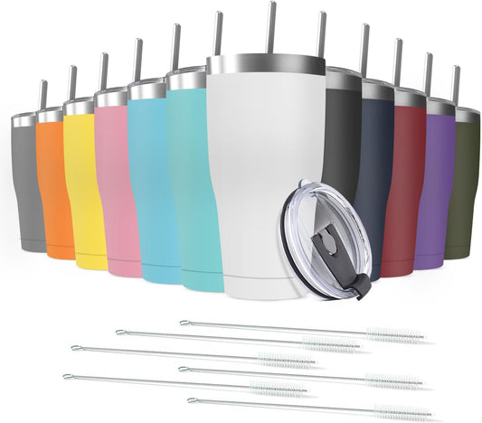 12 Pack 20oz Stainless Steel Tumblers Bulk Reusable Travel Mugs with Lid, Double Wall Powder Coated Coffe Cup for Home, Office, Outdoor Suitable for Vehicle Cup Holders