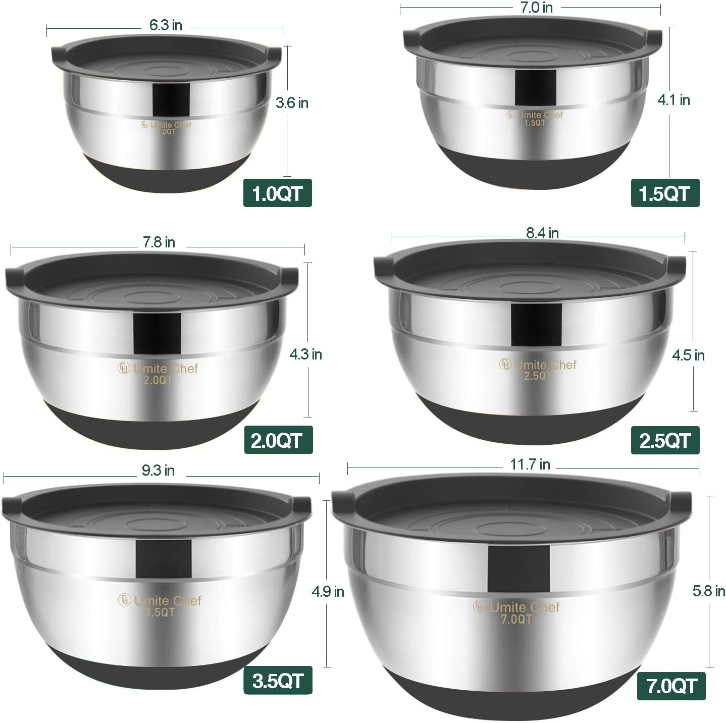 Umite Chef Mixing Bowls with Airtight Lids,6 piece Stainless Steel Metal Nesting Storage Bowls, Non-Slip Bottoms Size 7, 3.5, 2.5, 2.0,1.5, 1QT, Great for Mixing & Serving(Grey)