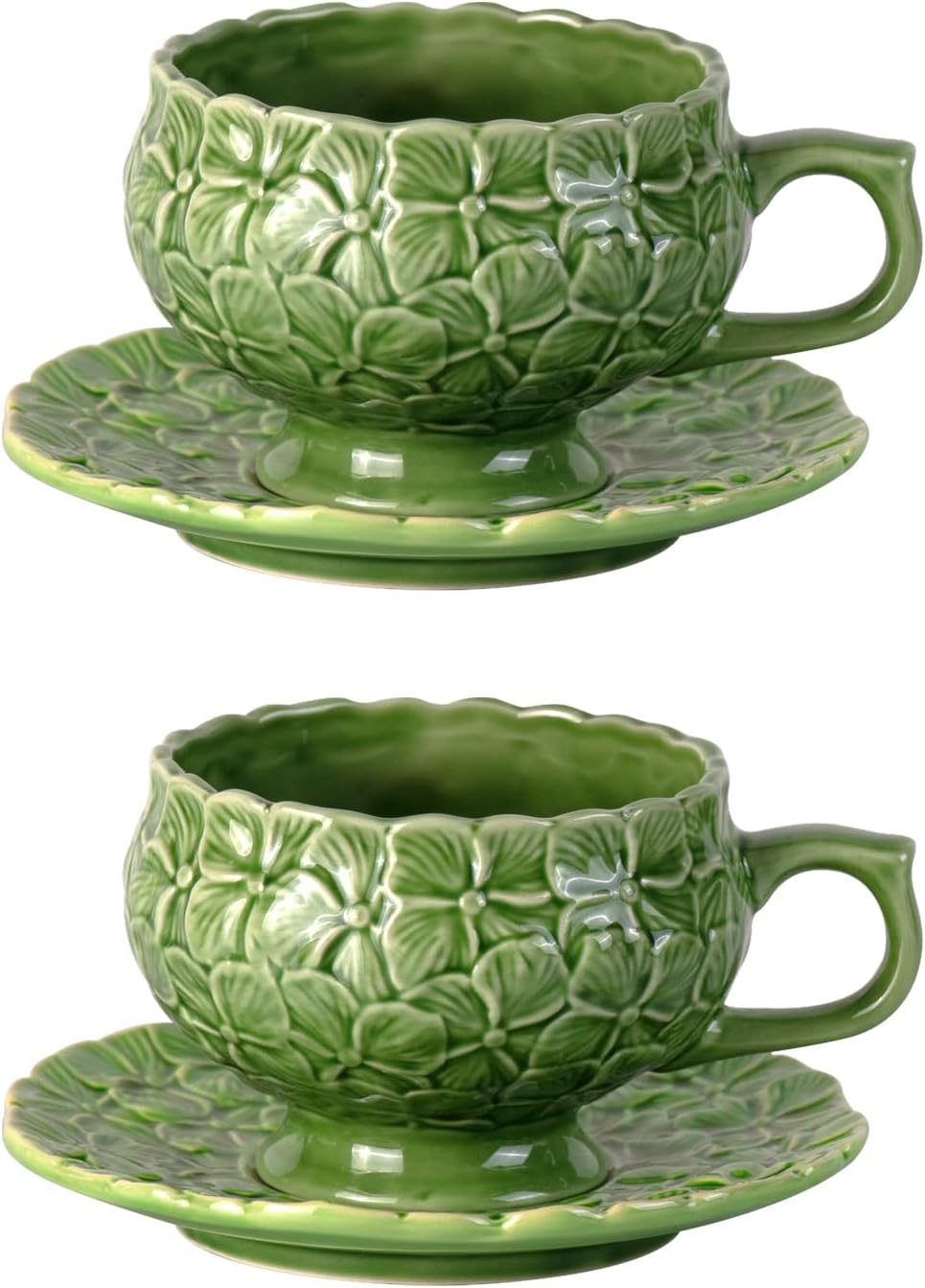 KAMMAK Tea Cups and Saucers Set of 2, Porcelain Coffee Cups, 8.5-Ounce Stackable Espresso Mugs, Ceramic Demitasse for Coffee, Latte, Americano, Tea, Green Flower