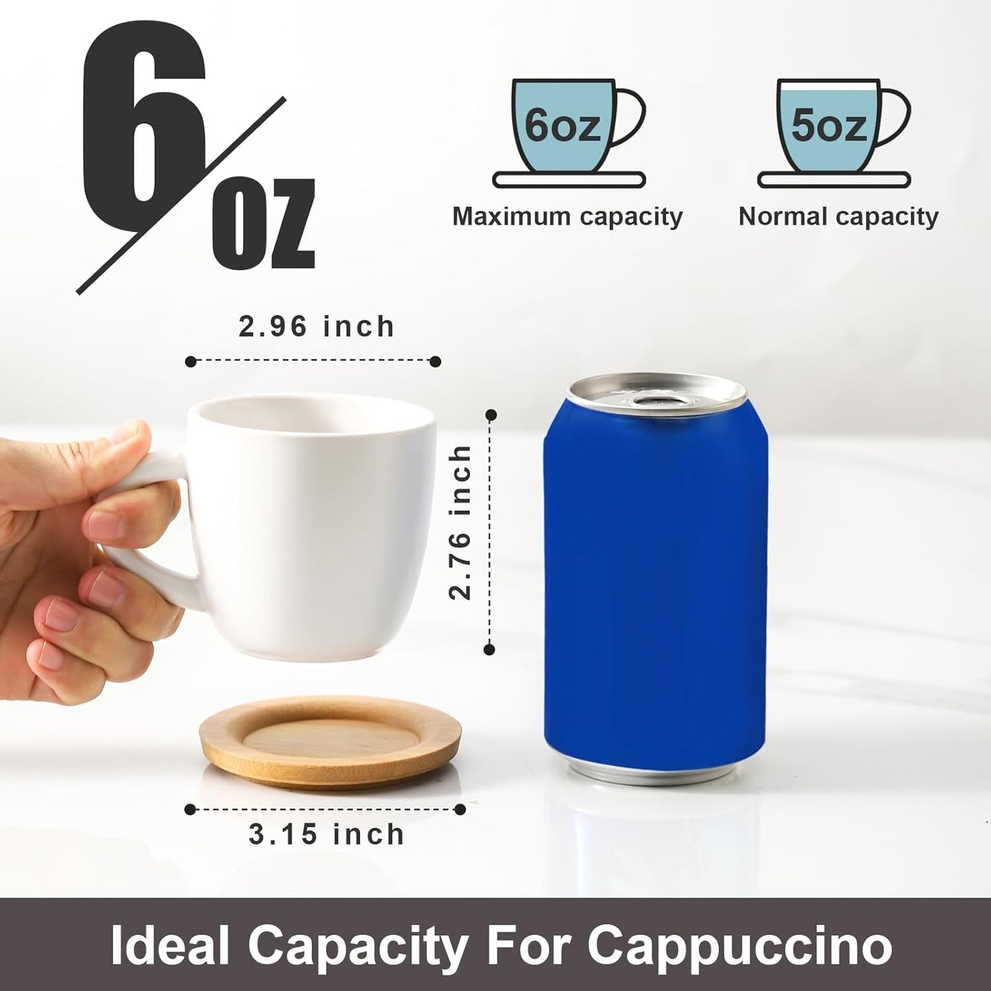 Hasense Cappuccino Cups with saucers, 6 Ounce Ceramic Coffee Mugs Set of 6 Perfect for Espresso, Specialty Coffee Drinks, Latte, Cafe Mocha and Tea, White