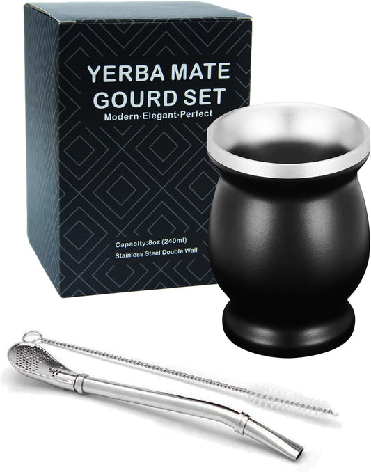 LA FEE Yerba Mate Natural Gourd/Tea Cup Set Brown (Original Traditional Mate Cup - 8 Ounces),Includes Yerba Mate Straw & Cleaning Brush,Stainless Steel | Double-Walled | Easy to Clean (Black)