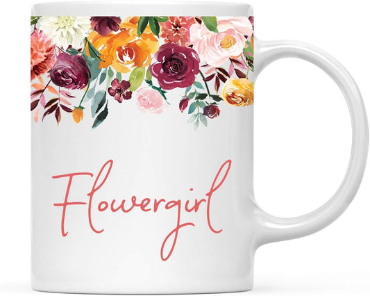 Andaz Press 11oz. Wedding Ceramic Coffee Tea Mug Gift, Fall Autumn Burgundy Orange Peach Flowers Roses Florals, Flowergirl, 1-Pack, Includes Gift Box
