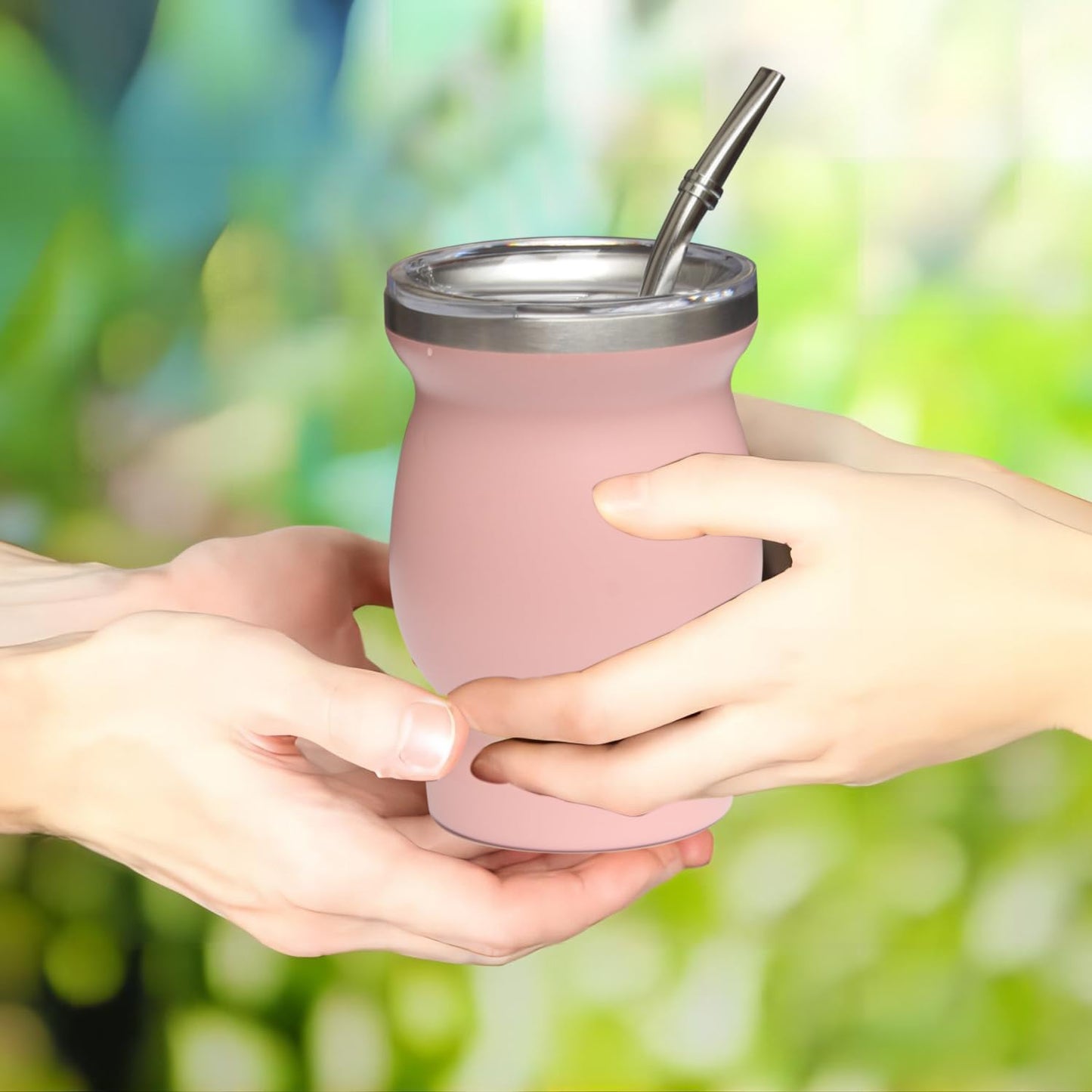 Beruth Bombilla Yerba Mate Gourd, 8oz Stainless Steel Tea Cup Set with a Multifunctional Lid, Two Straws and Cleaning Brushes, Double Walled Coffee Mug Heat Insulation Anti Scalding (Peachy Pink)