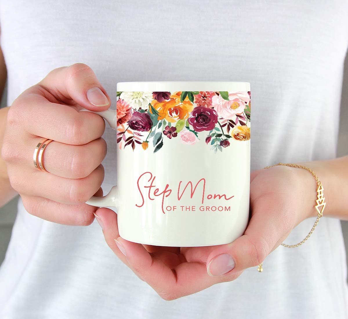 Andaz Press 11oz. Wedding Ceramic Coffee Tea Mug Gift, Fall Autumn Burgundy Orange Peach Flowers Roses Florals, Step Mom of the Groom, 1-Pack, Includes Gift Box