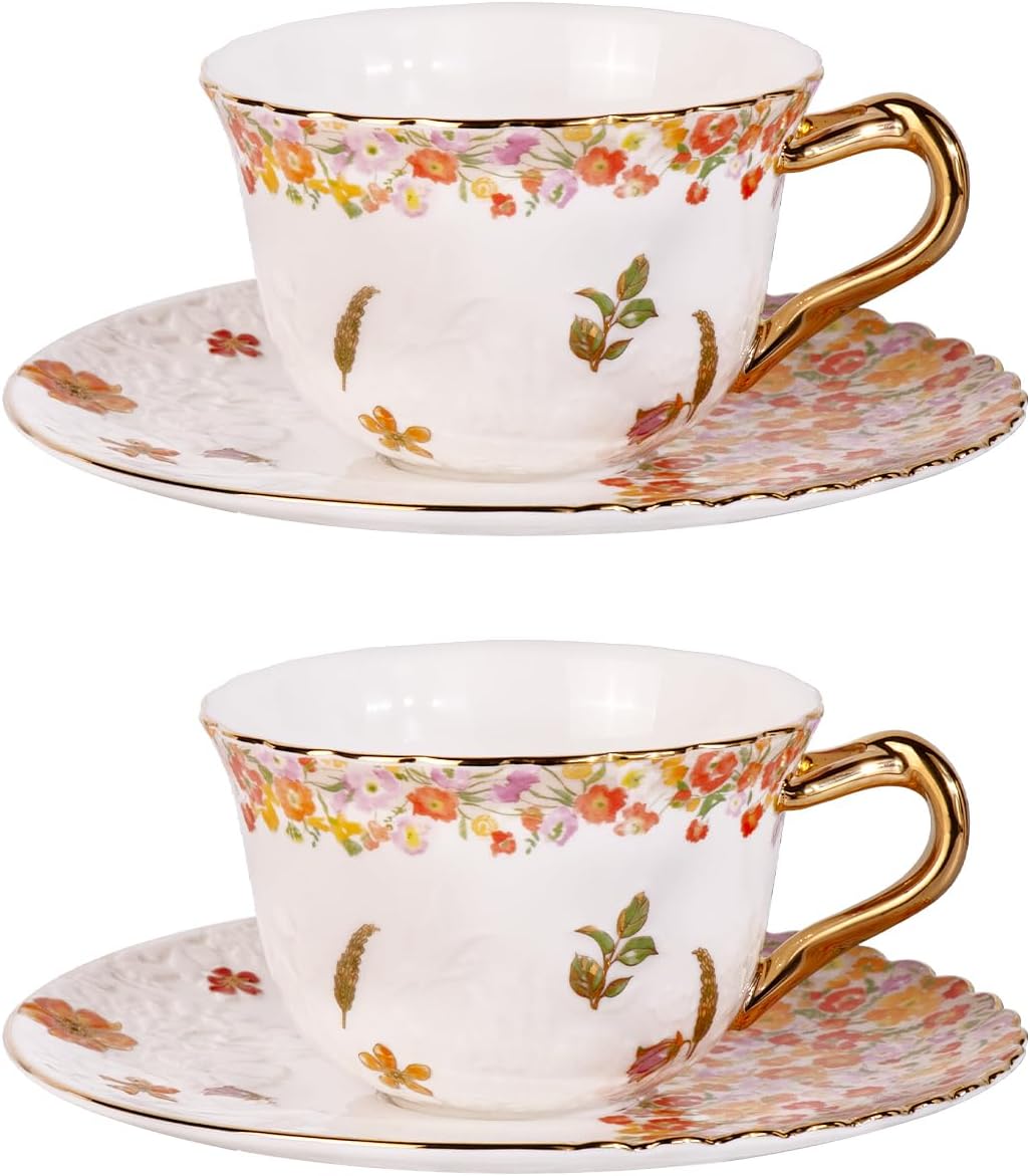 KAMMAK Tea Cups and Saucers Set of 2, Reinforced Porcelain Coffee Cups, 8.5-Ounce Stackable Espresso Mugs, Ceramic Demitasse for Coffee, Cappuccino, Latte, Americano, Tea, Secret Flourish