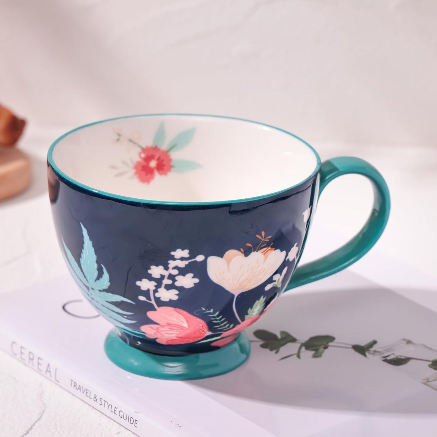 Vintage Flower Mugs β Large Ceramic Coffee Mug (15oz) β Cute Cereal Cup for Breakfast, Oatmeal Tea & Hot Drinks β Handmade Ceramic Cup with Floral Design
