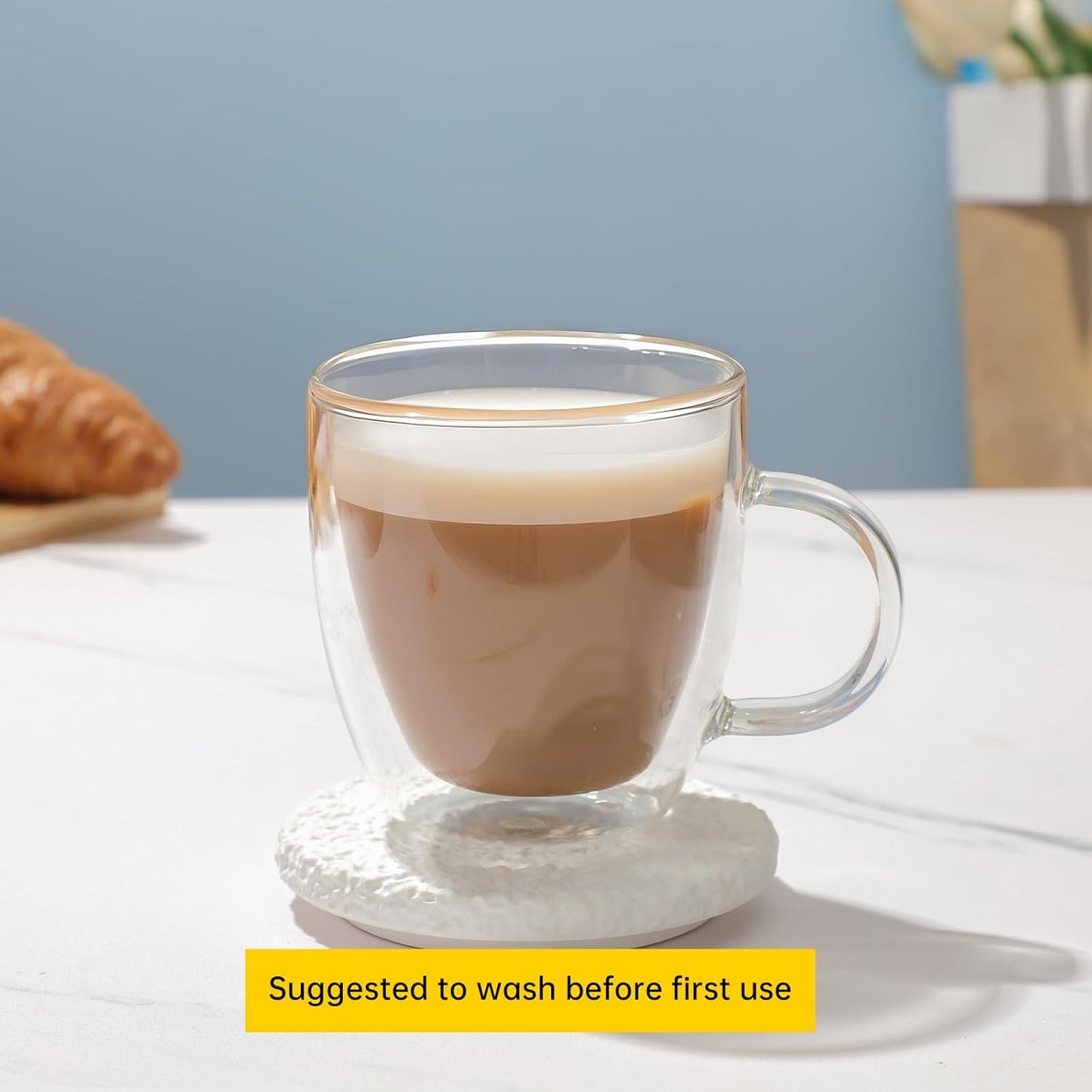 Aurzen 2 Pack Double Walled Glass Coffee Mugs with Handles, Large Insulated Layer Coffee Cups, Clear Borosilicate Mugs, Perfect for Cappuccino, Tea, Microwave Safe (5oz-2Pack B)