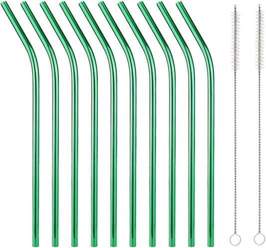 10 Pcs Stainless Steel Straws, Reusable Drinking Straws, Bent Metal Straw Sets with 2 Pcs Cleaning Brushes (Green, 8.5 Inch)