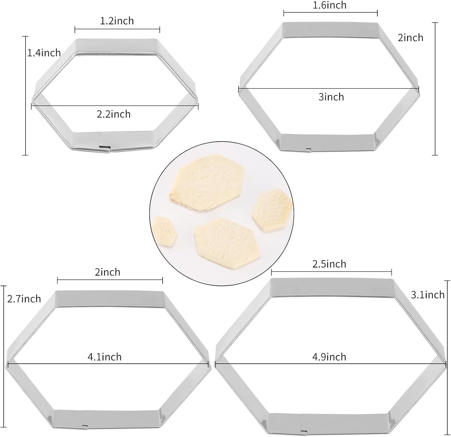 Hexagon Cookie Cutter Set 4 Sizes- 5 Inch, 4 Inch, 3 Inch, 2 Inch Stainless Steel Geometric Gem Cookie Cutters Shapes Molds