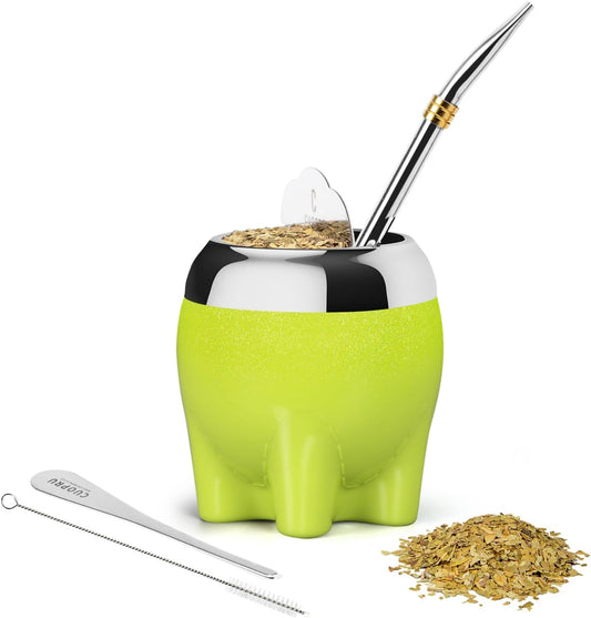 Premium Yerba Mate Cup 5 in 1 Set, Including Cute Elephant Style Stainless Steel Gourd, Bombilla Straw and Tea Shaper Set, 5.4oz, Gift for Women Drinking Cup