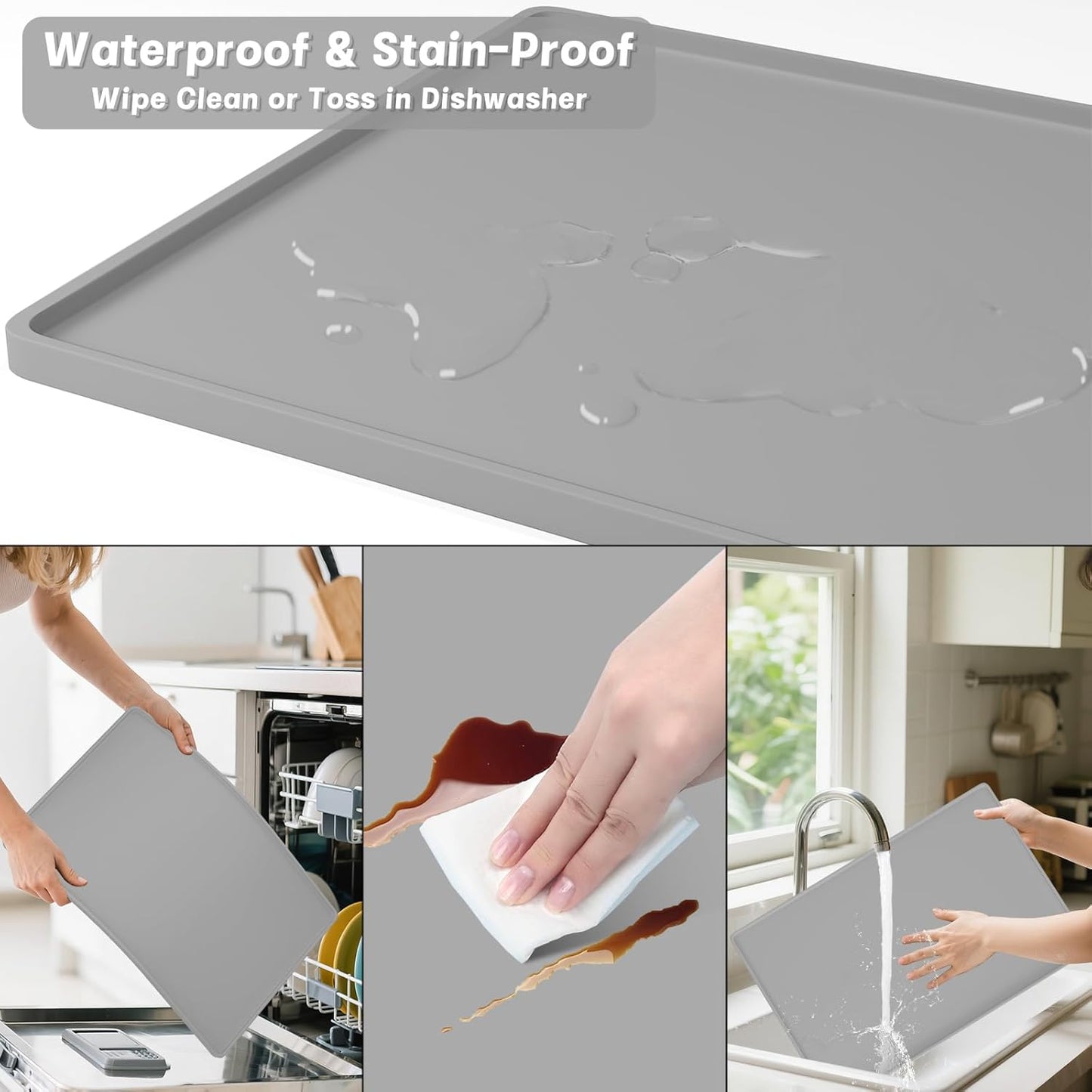 Rnivvi Silicone Coffee Mat, 16" x 24" Waterproof Raised Edge Coffee Bar Mats for Espresso Machine Station Accessories, Heat Resistant Detachable Dish Drying Pad for Kitchen Counter, Dish Rack, Gray