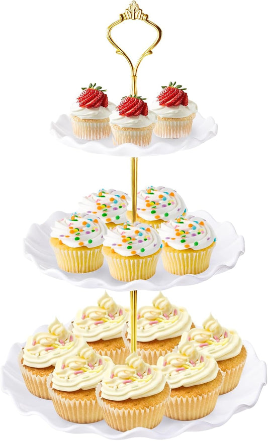 Hoedia 3 Tier Cupcake Stand Tower, Plastic White Cup Cake Holder for Dessert stands, Tiered Serving Tray for Tea Party, Birthday Party, Wedding Decor and Baby Shower(Round Wave)