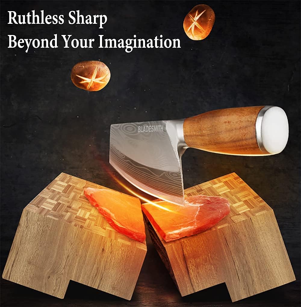 Cleaver Knife, Chinese Chef's slicing Knife, Razor sharp HC German Stainless Steel blade with lasered damascus pattern, pearwood Handle, Kitchen Gift