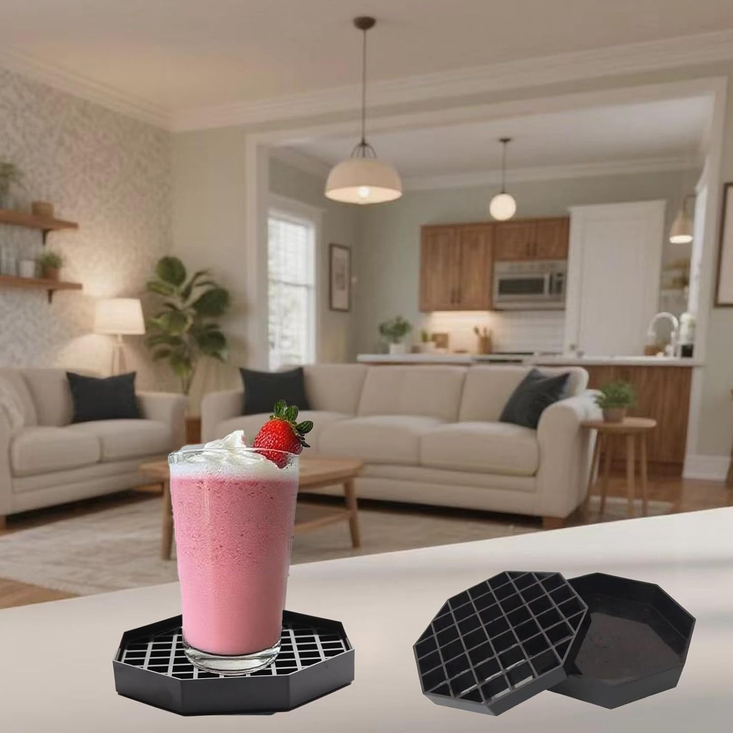 5.3" Octagonal Coffee Drip Tray | Black Plastic Honeycomb Grid Countertop Tray for Coffee, Tea, Wine & Beverage Dispensers,Pack of 2 (2, 5.3in)