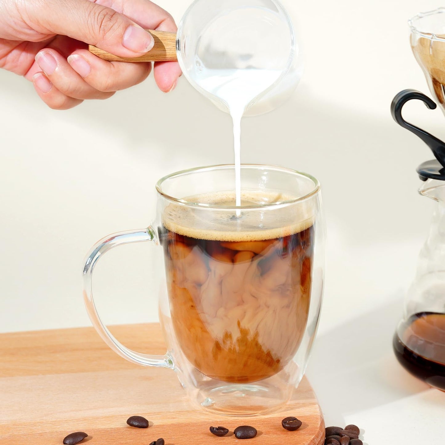 Double Wall Glass Coffee Mugs 12 OZ, Clear Coffee Cup With Handle,Insulated Coffee Mugs Set of 4 With Spoons Perfect for Espresso, Cappuccino, Latte, American,Tea Bag, Beverage