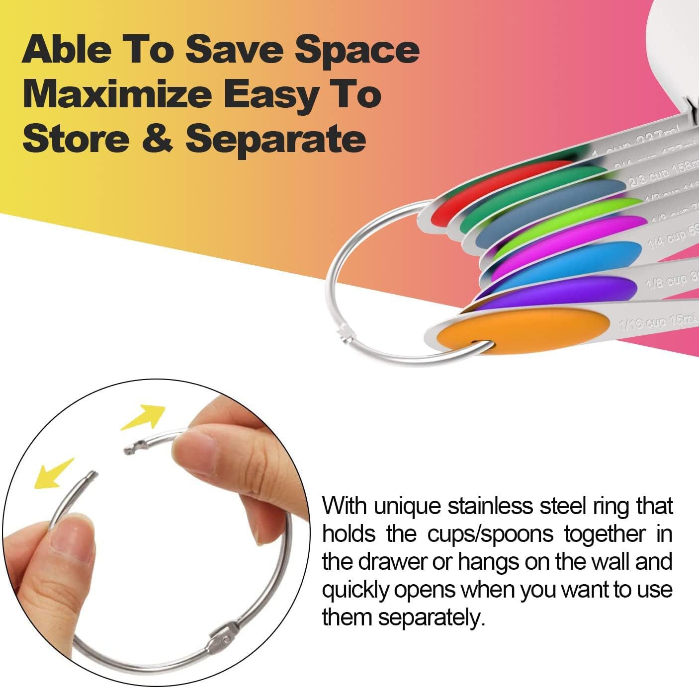 Measuring Cups & Spoons Set of 16, Wildone Premium Stainless Steel Measuring Cups and Measuring Spoons with Colored Silicone Handle, Including 8 Nesting Cups, 8 Spoons, for Dry and Liquid Ingredient