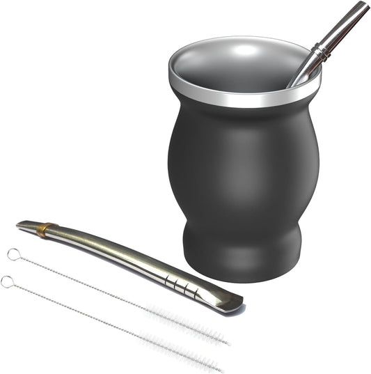 Beruth 8oz Yerba Mate Cup Set, Double Wall 304 Stainless Steel Mate Gourd, Heat Insulated Mug & Anti-Scalding Design, Includes 2 Bombillas & Cleaning Brush (Black)