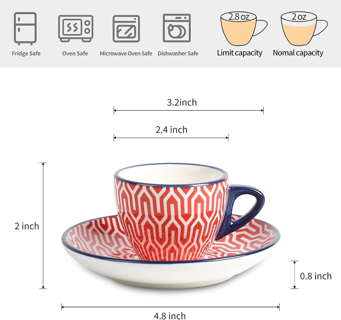 Selamica Ceramic 2 oz Espresso Cups, Small Expresso Coffee Cup Set with Saucers, Porcelain Mini Demitasse Cups for Latte Mocha Tea, Set of 6, Assorted Colors