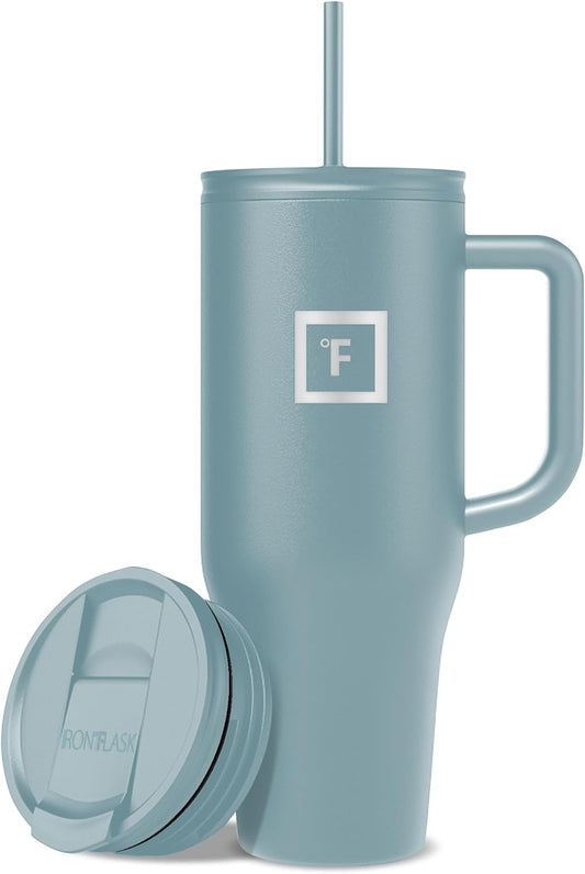 IRON °FLASK Co-Pilot Insulated Mug w/Straw & Flip Cap Lids - Cup Holder Bottle for Hot, Cold Drink - Leak-Proof - Water, Coffee Portable Travel Mug - Elemental Gray, 40 Oz
