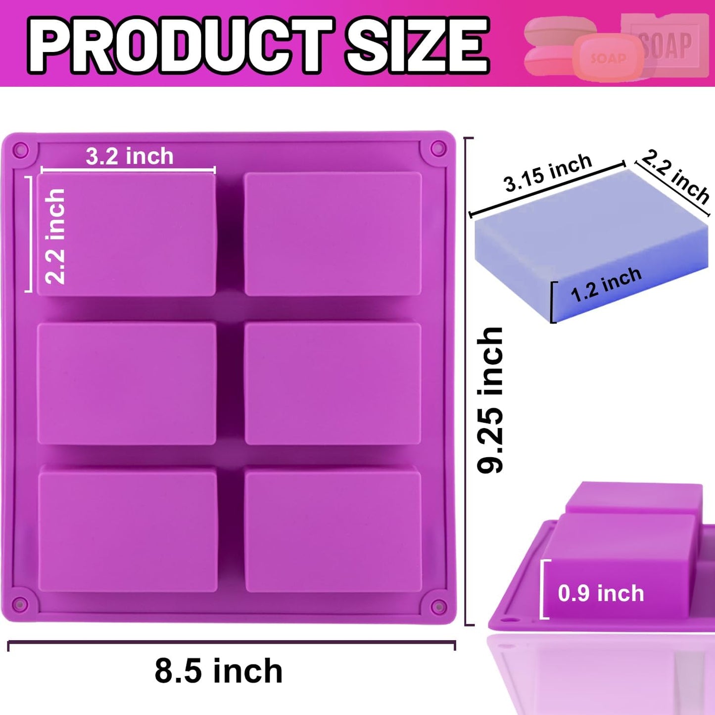 2 Pack Silicone Soap Molds, 6 Cavities Rectangle Silicone Soap Molds, Great for Homemade Craft Soap Mold, Chocolate Mold, Cake Mold & Ice Cube Tray - Just Pop Out(Purple)