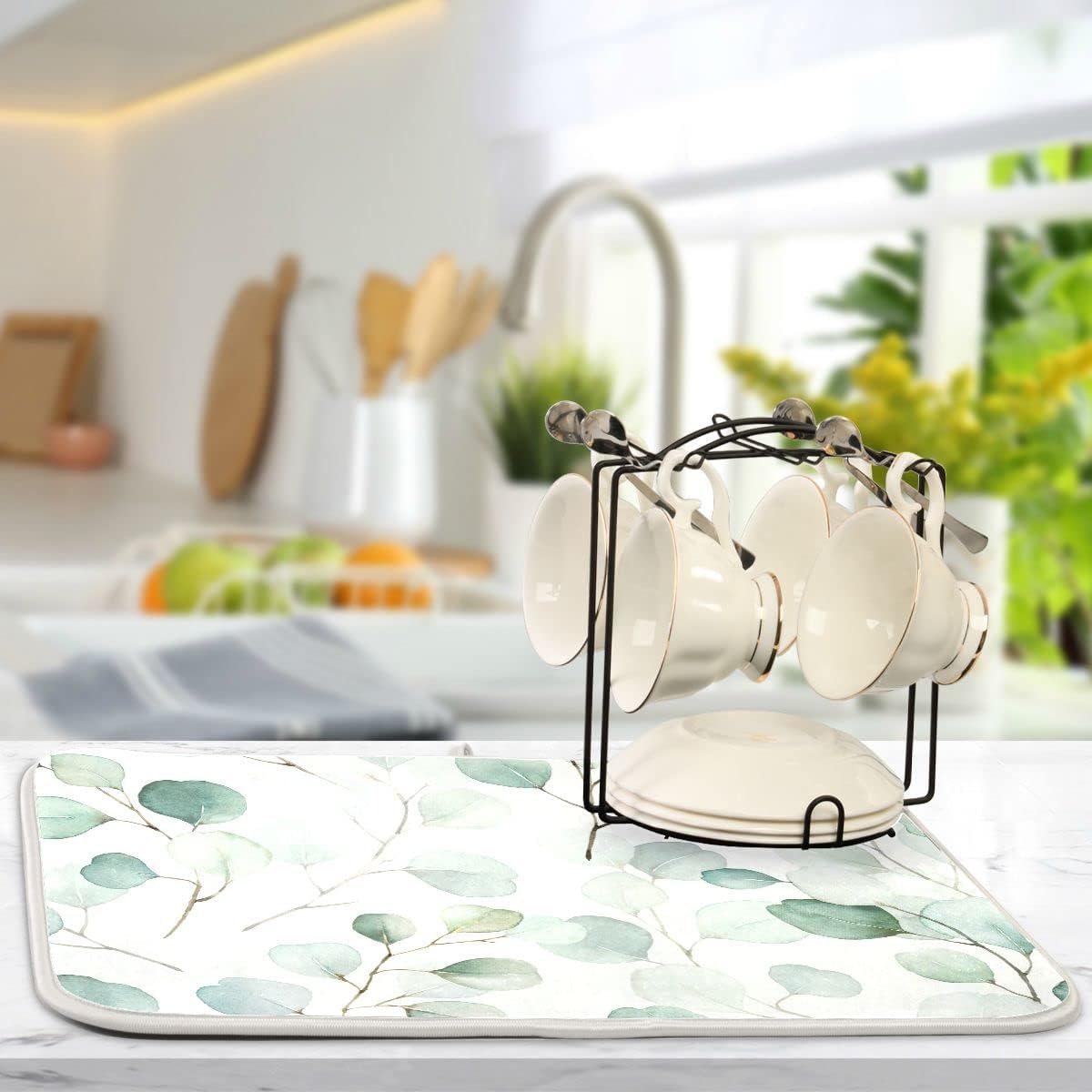 Sage Green Leaves Dish Drying Mat for Kitchen Counter Watercolor Branch Plant Drying Mat 18 x 24 Inch with High Absorbent Reversible Microfiber Dish Drying Pad Drainer Mat for Coffee Bar