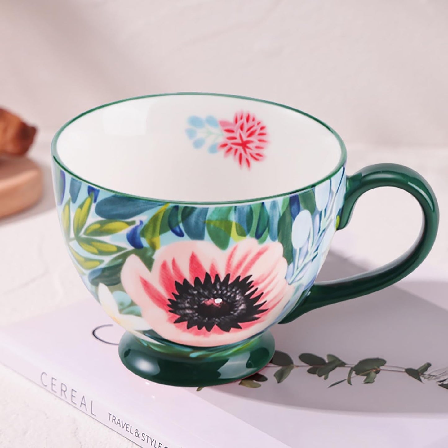 Vintage Flower Mugs β Large Ceramic Coffee Mug (15oz) β Cute Cereal Cup for Breakfast, Oatmeal Tea & Hot Drinks β Handmade Ceramic Cup with Floral Design
