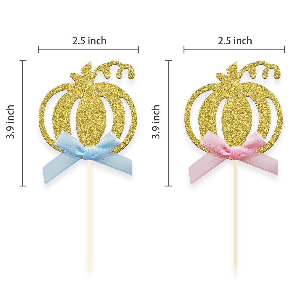 24pcs Pumpkin Gender Reveal Cupcake Toppers - Baby Shower Girl or Boy Party Decorations Supplies, Pumpkin Food Pick (Blue and Pink Bow)