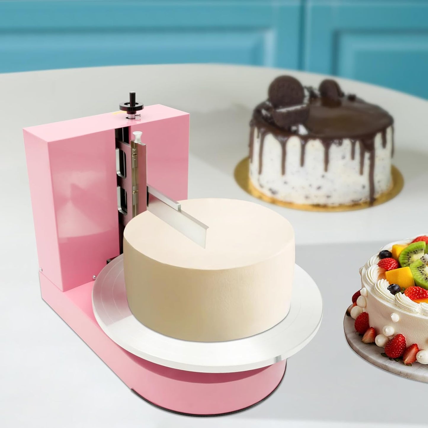 Automatic Cake Decorating Machine, Electronic Cream Coating Spreading Smooth Machine with Graduated Scraper 0-320RPM Rotating Speed,Cake Bread Spreader Machine for 4-16inch Cakes,Pink