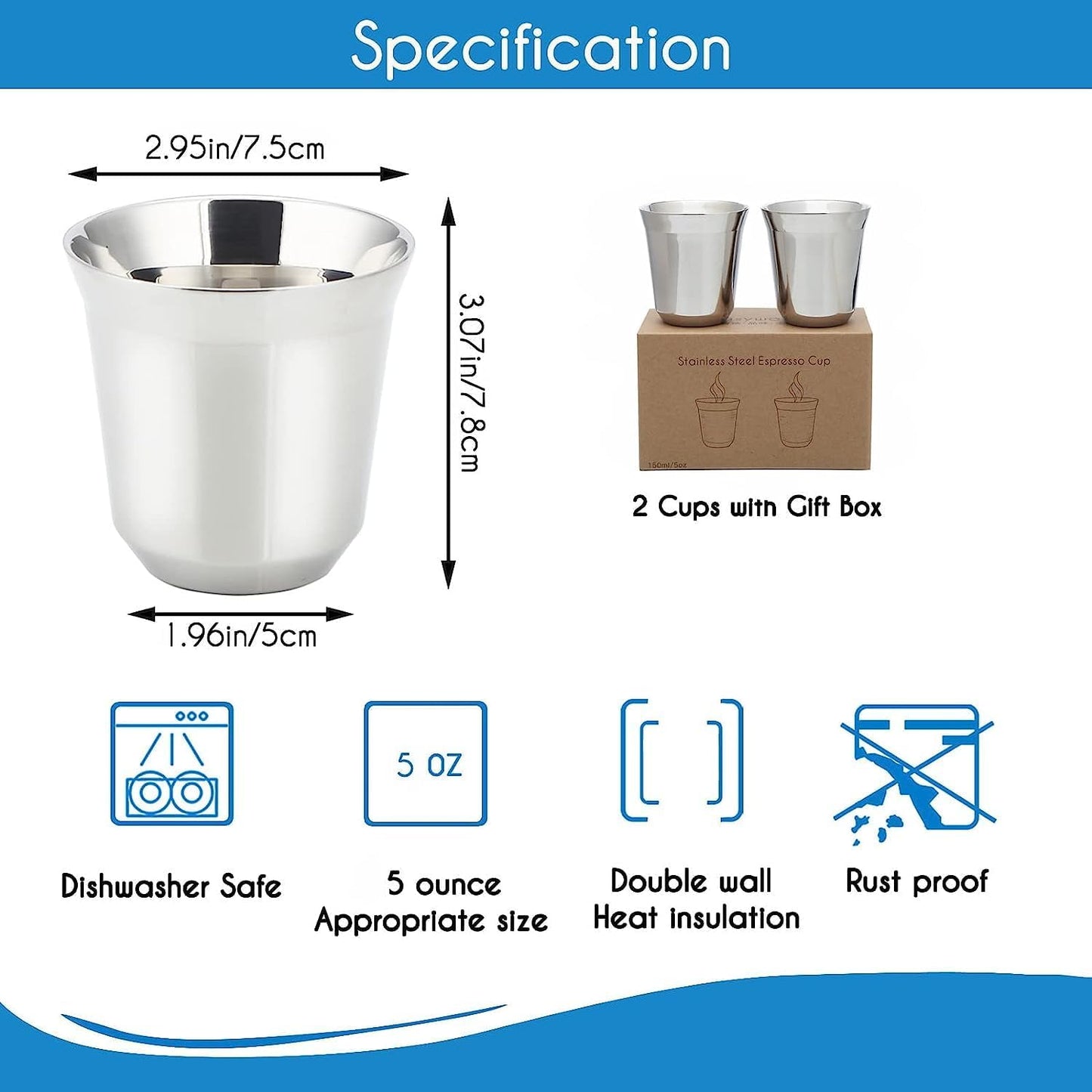 Easyworkz Stainless Steel Espresso Cup 2pcs Set Double Wall Insulated Metal Demitasse Cups 5 oz