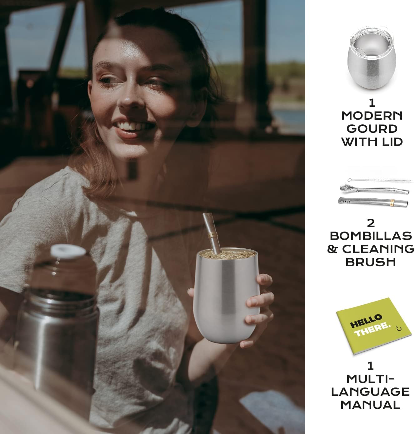 BALIBETOV 5 pcs large Yerba Mate Cup and Bombilla Kit, Includes one 12 oz Yerba Mate Gourd with Lid, Two Bombillas Mate Straw and one cleaning brush | Stainless steel | Double Walled