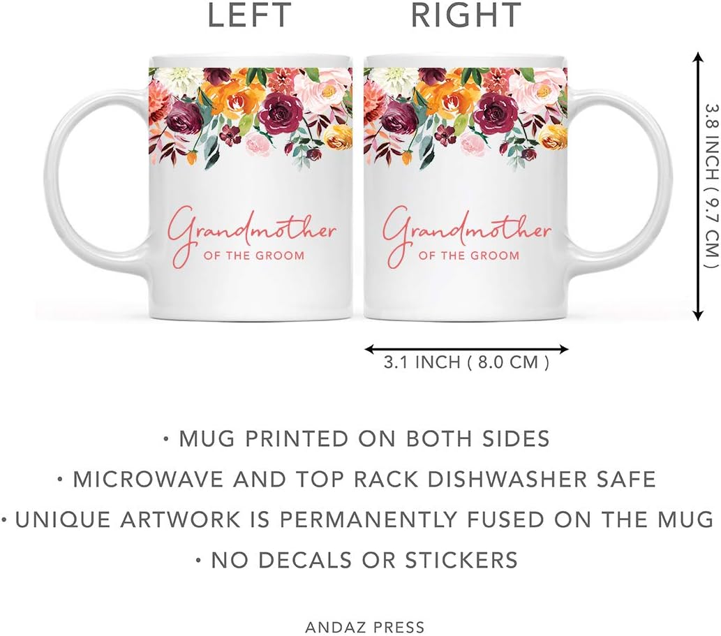 Andaz Press 11oz. Wedding Ceramic Coffee Tea Mug Gift, Fall Autumn Burgundy Orange Peach Flowers Roses Florals, Grandmother of the Groom, 1-Pack, Includes Gift Box