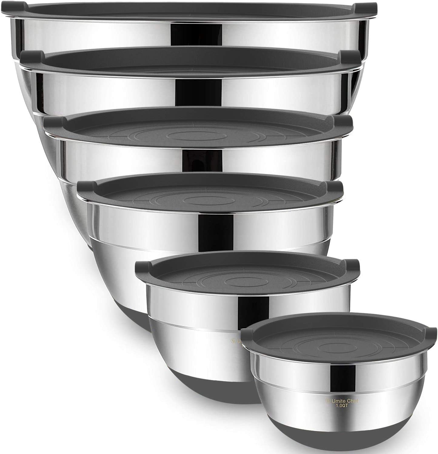 Umite Chef Mixing Bowls with Airtight Lids,6 piece Stainless Steel Metal Nesting Storage Bowls, Non-Slip Bottoms Size 7, 3.5, 2.5, 2.0,1.5, 1QT, Great for Mixing & Serving(Grey)